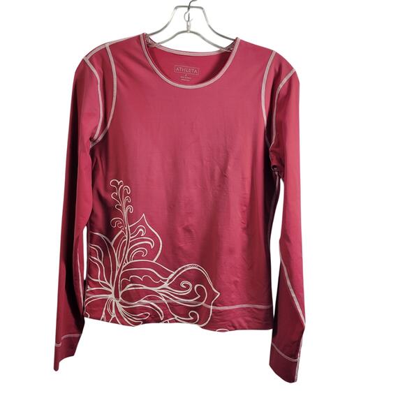 Athleta Pink Long Sleeve Tee Shirt Size 8 White Floral Design 92125-1206 - Picture 9 of 9